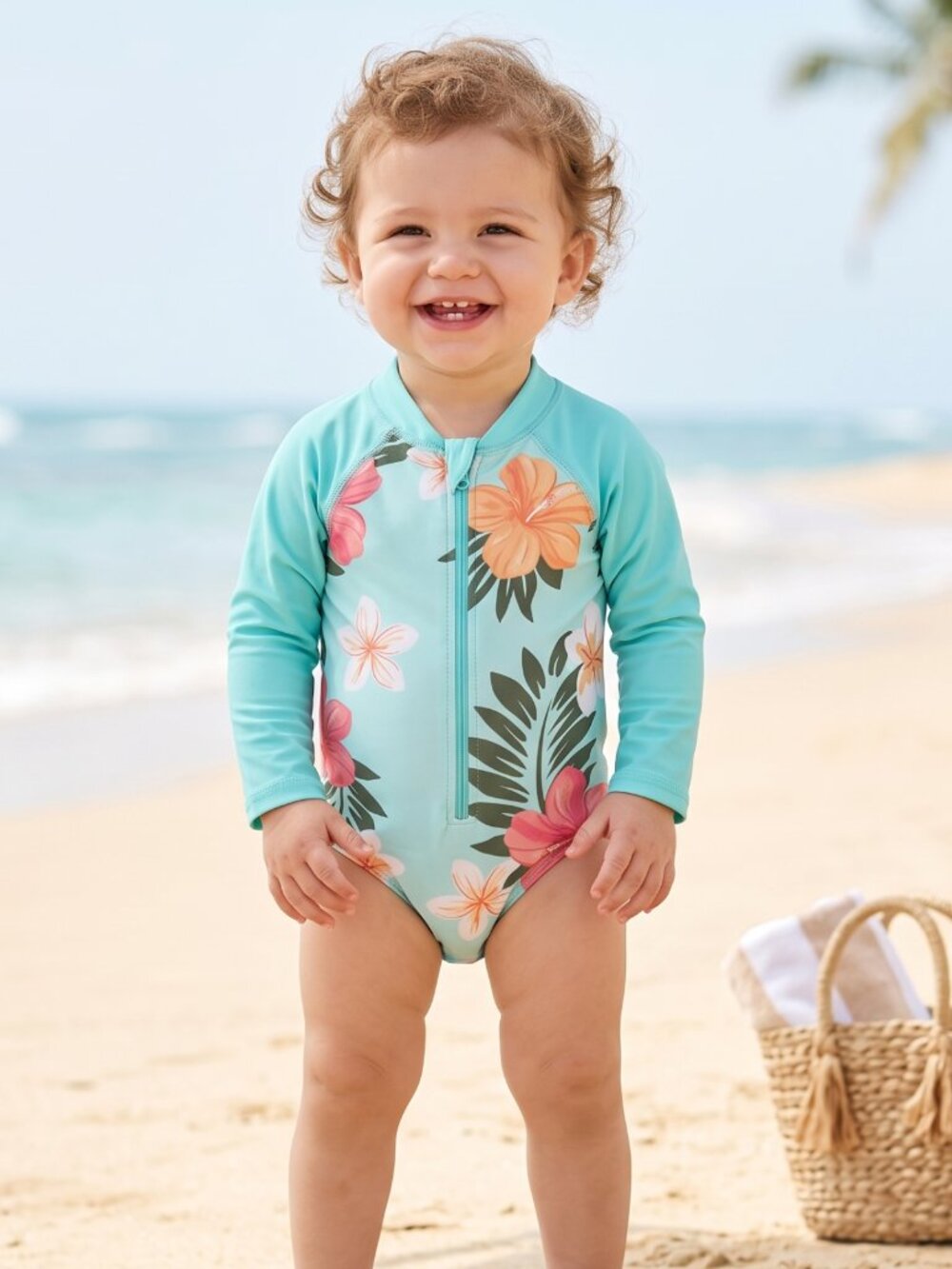 NWT | Baby Girl's Aqua Tropical Floral Long Sleeve Swim Suit | UPF 50+ | 12M